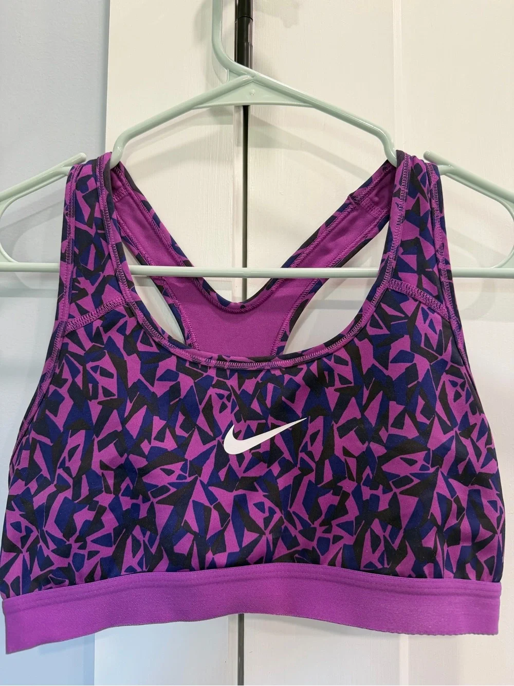 Nike Purple Black Patterned Racerback Sports Bra with White Swoosh